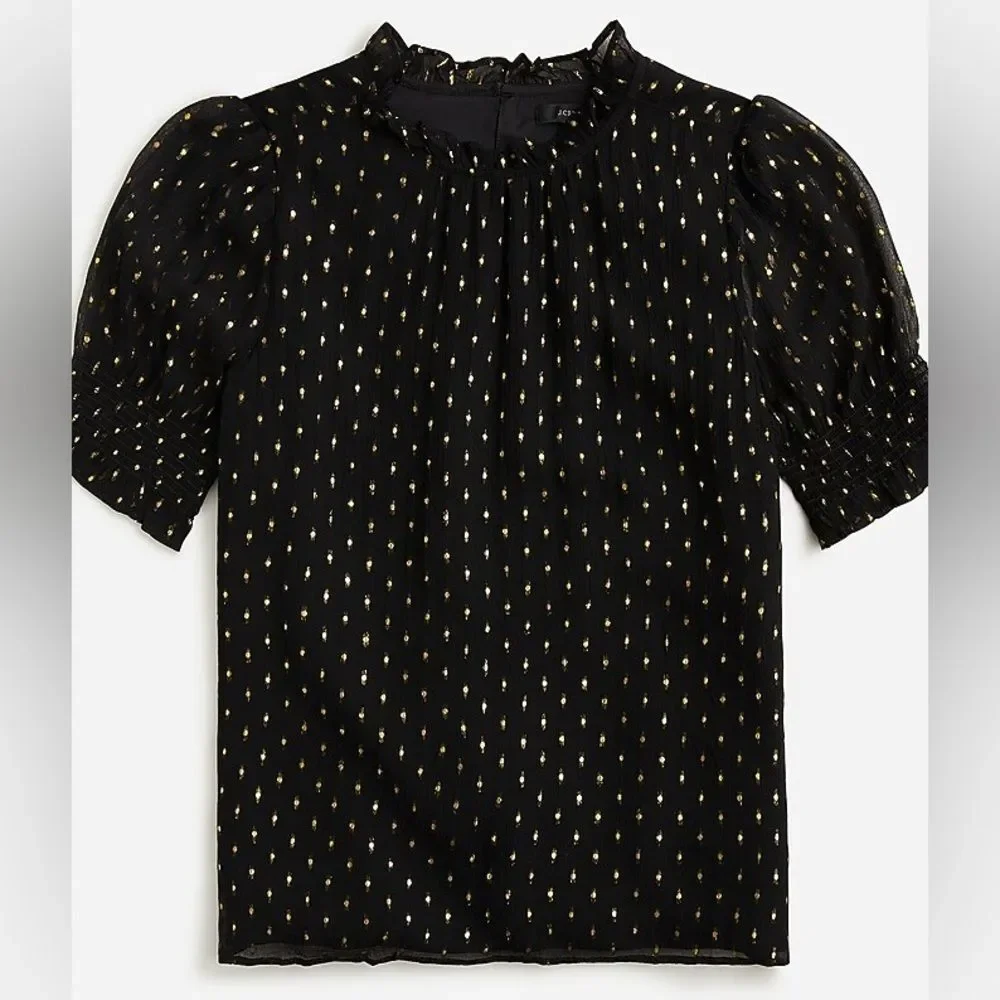 J Crew puff sleeve black Blouse with gold embroidery metallic thread size small
